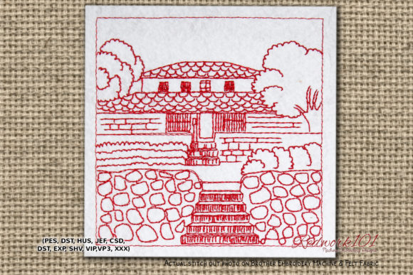 Indian House Village Redwork for Boutique Apparel Projects